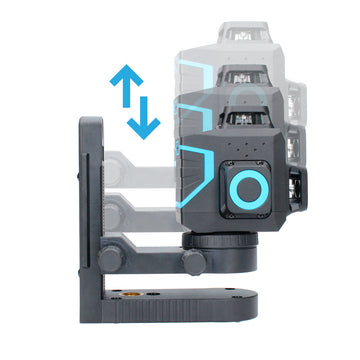 Ferrestock 3D Laser-Wasserwaage mit Halterung. Blaue Details und Illustration der vertikalen Bewegung.
