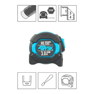 Ferrestock HQ Flexometer, 3m x 16mm, Nylon-Band. Kompaktes Design in Schwarz und Blau.