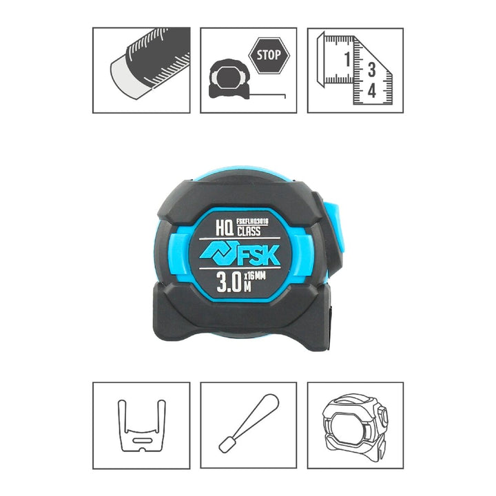 Ferrestock HQ Flexometer, 3m x 16mm, Nylon-Band. Kompaktes Design in Schwarz und Blau.
