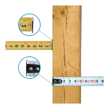 Ferrestock HQ Flexometer aus Nylon misst ein Holzbrett. Deutliche Markierungen.