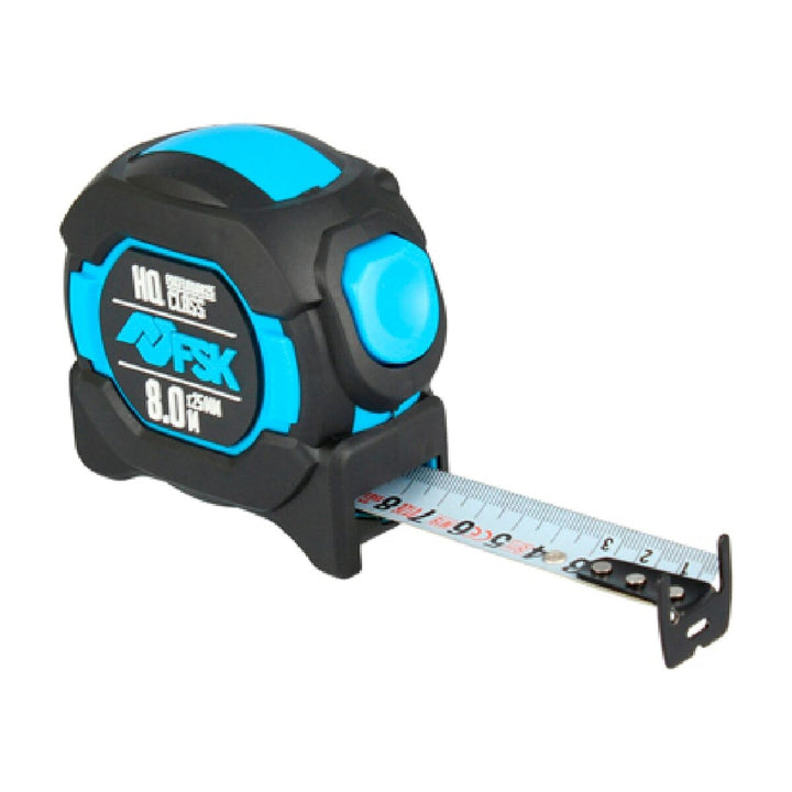 Ferrestock HQ Flexometer 8 m mit blau-schwarzem Nylon-Gehäuse für präzise Messungen.