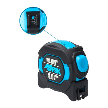 Schwarzes und blaues Ferrestock HQ Flexometer 8 m x 25 mm mit Nylonband und Clip.