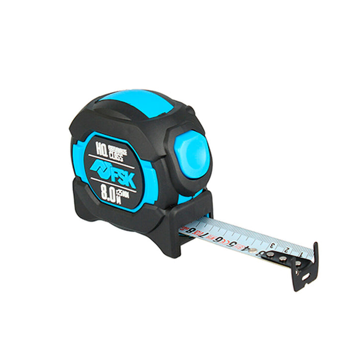 Ferrestock Flexometer 8m mit blau-schwarzem Gehäuse und ausziehbarem Messband.