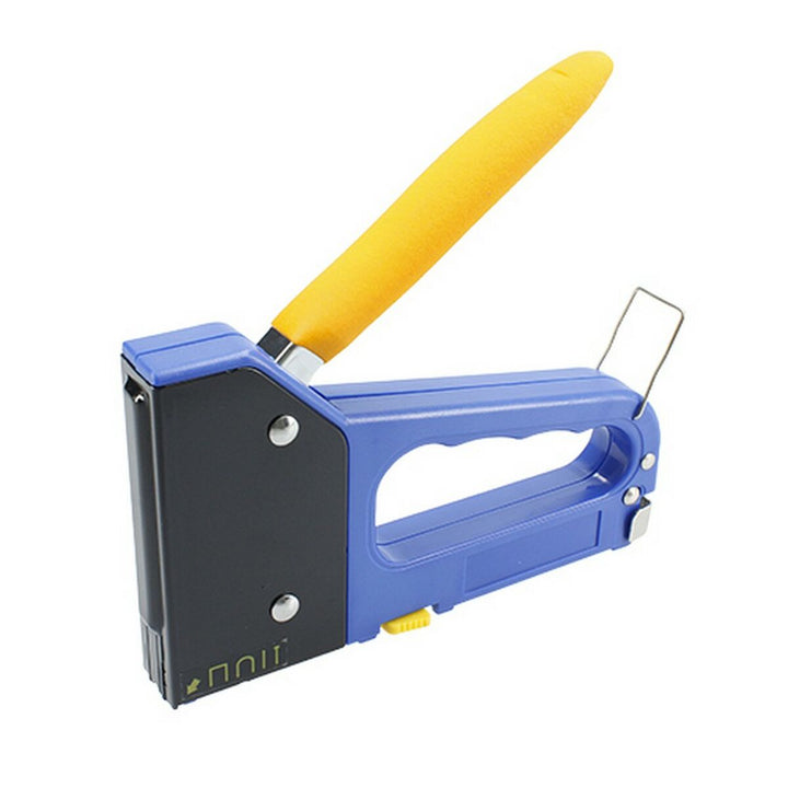 Blauer Ferrestock Hefter mit gelbem Griff. Handliches Werkzeug zum Heften von Materialien.