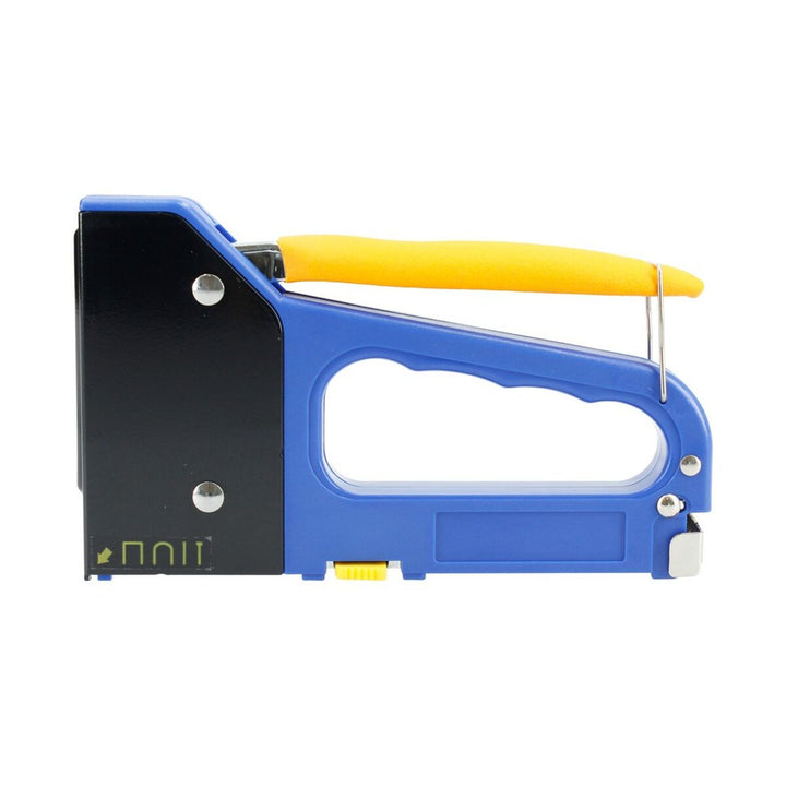 Blauer Ferrestock Hefter mit gelbem Griff. Ideal für Büro- und Heimwerkerarbeiten, einfache Bedienung.