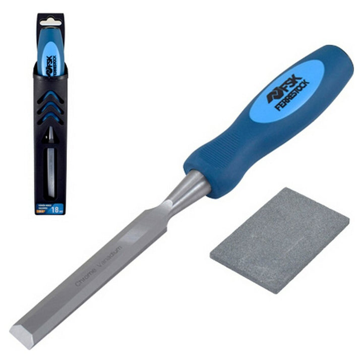 Ferrestock Stechbeitel 32 mm. Stahlklinge mit blauem Griff und Schutzhülle.