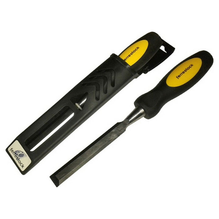 Ferrestock Stechbeitel aus Stahl 38 mm mit schwarzem Griff und Schutzköcher.