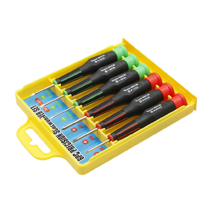 Ferrestock Phillips Schraubendreher-Set mit 6 Teilen in gelbem Kasten, rot-grüne Griffe.