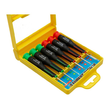 Ferrestock Phillips Schraubendreher-Set mit 6 Stück, farbcodierte Griffe in gelber Box.