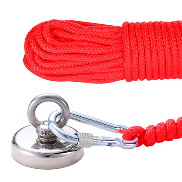 Ferrestock Magnet mit rotem Seil und Karabiner. Der Magnet hat einen Durchmesser von 6 cm.