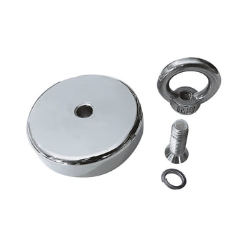 Silberner Ferrestock Magnet (Ø 6 cm) mit Zubehör für Befestigung. Starker Magnet.