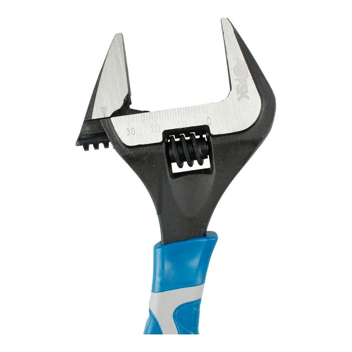 Verstellbarer Schraubenschlüssel Ferrestock mit Skala und blau-grauem Griff.