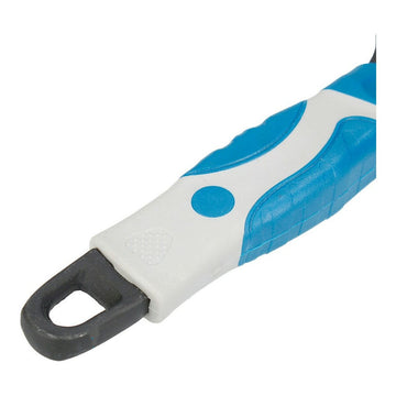 Detailaufnahme: Verstellbarer Schraubenschlüssel mit blau-weißem Griff und Aufhängeloch.
