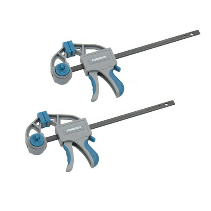 Zwei graue/blaue Ferrestock Einhand-Schraubzwingen (215 mm) aus Stahl und Kunststoff.