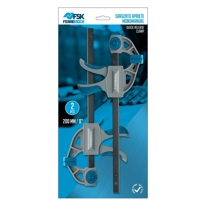 Ferrestock Einhand-Schraubzwingen 200mm, 2 Stück. Schnellspanner mit blau-grauem Design.