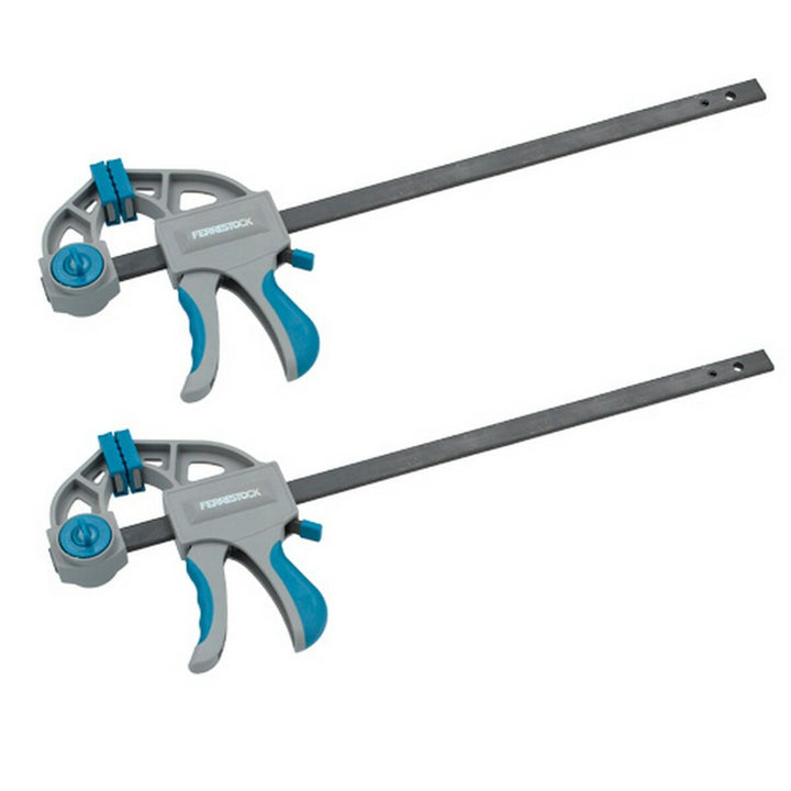Zwei Ferrestock Einhand-Schraubzwingen, 450 mm, mit blau-grauem Griff und langer, dunkler Stange.