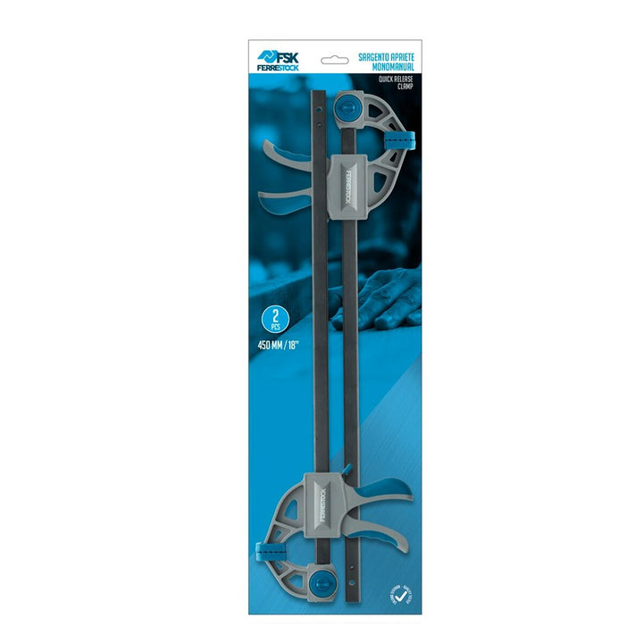 Ferrestock Einhand-Schraubzwinge 450mm im Detail. Schnellspanner mit blau-grauem Griff.