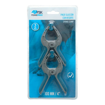 Graue Ferrestock Klemmen (2 Stück) mit Feder. Kunststoffklammern in Blisterpackung.