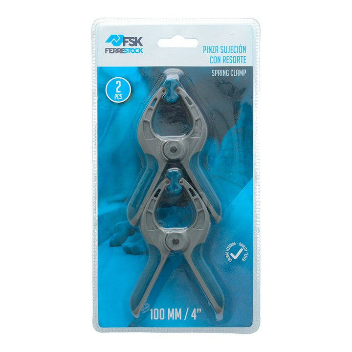 Graue Ferrestock Klemmen (2 Stück) mit Feder. Kunststoffklammern in Blisterpackung.