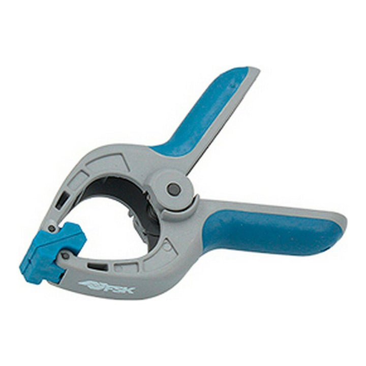 Graue Ferrestock Klemme mit blauen Akzenten. Werkzeug zum Fixieren, einfache Bedienung.