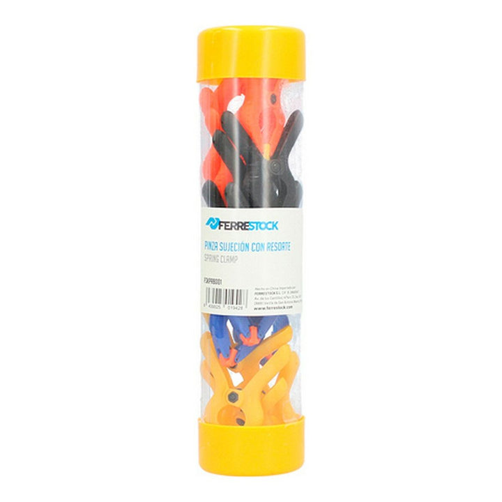 Ferrestock Klemmen Set in verschiedenen Farben. Kunststoff Klemmen im gelben Behälter.