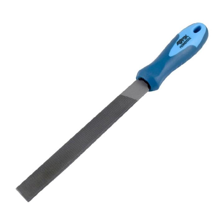Ferrestock Flachfeile 250 mm mit blauem Griff und flacher, grauer Klinge.