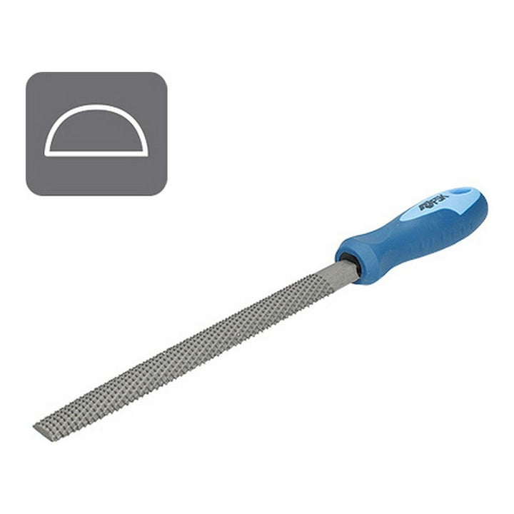 Ferrestock Halbrundraspel mit blauem Griff. Ideal zum Formen von Materialien.