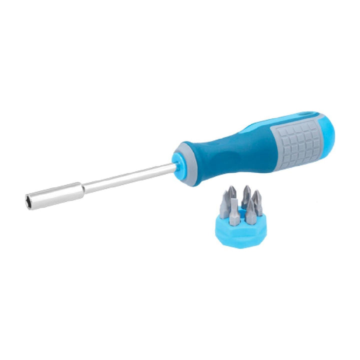 Blaues Ferrestock 1/4" Schraubendreher-Set mit verschiedenen Schraubendreher-Köpfen.