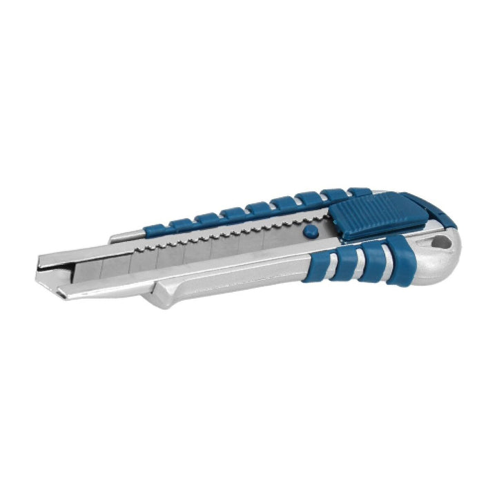 Ferrestock Cutter 18 mm: Silbernes Gehäuse mit blauem, gummiertem Griff für sicheren Halt.