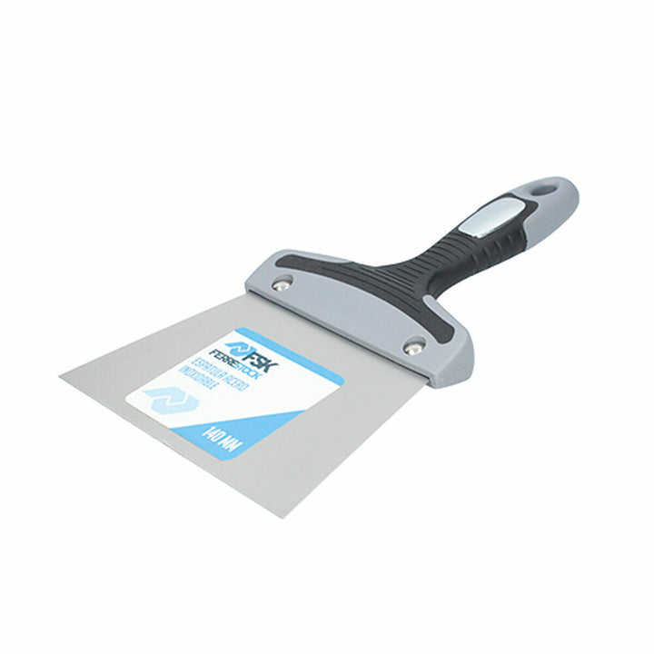 Grauer Ferrestock Spatel 140 mm. Edelstahlklinge mit blau-weißem Etikett und Griff.