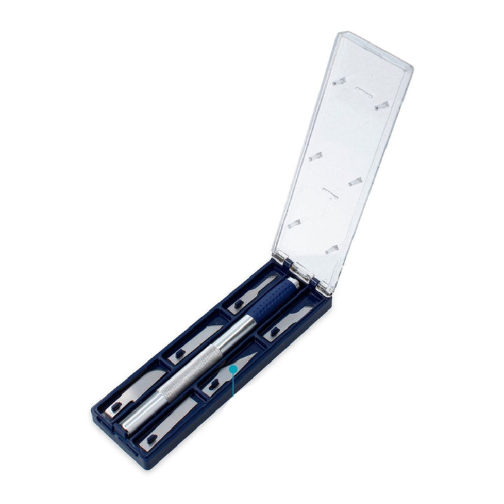 Ferrestock Skalpellset mit verschiedenen Klingen in blauer Aufbewahrungsbox.
