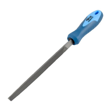 Neongrüne Ferrestock Dreieckfeile, 150 mm. Blaue Griff und dreieckige Klinge für präzise Bearbeitung.