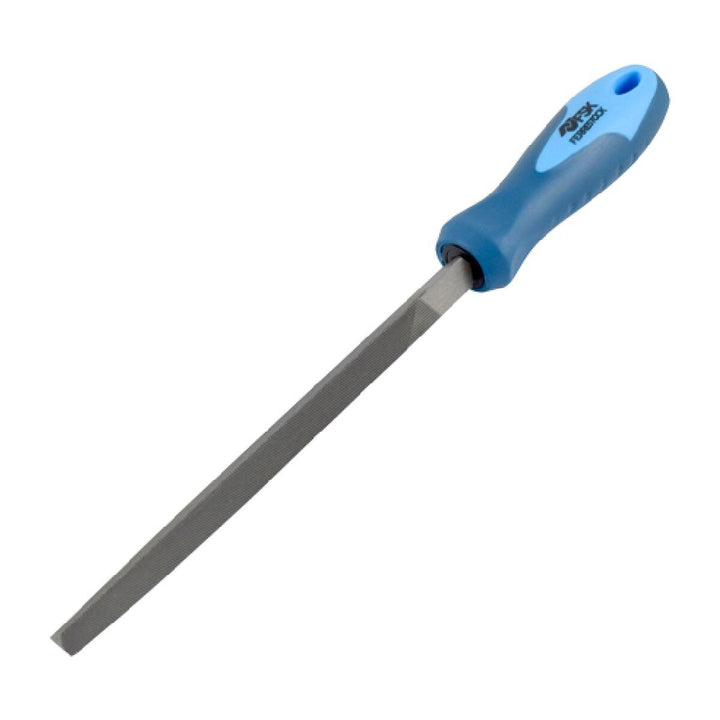 Neongrüne Ferrestock Dreieckfeile, 150 mm. Blaue Griff und dreieckige Klinge für präzise Bearbeitung.