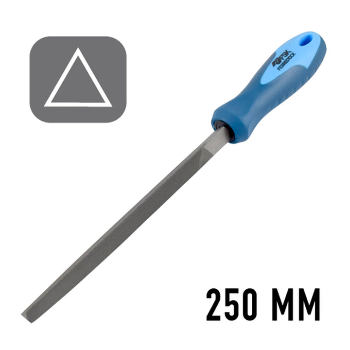 Ferrestock Feile 250 mm mit blauem Griff. Ideal zum Bearbeiten verschiedener Materialien.