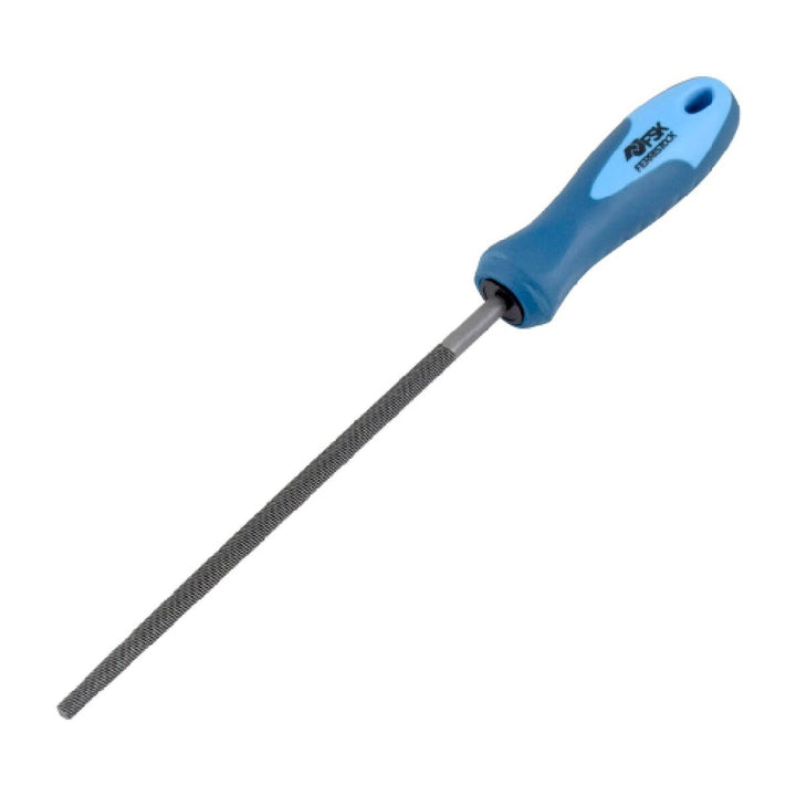 Blaue Ferrestock 150 mm Rundfeile. Runde Metallfeile mit ergonomischem Griff.