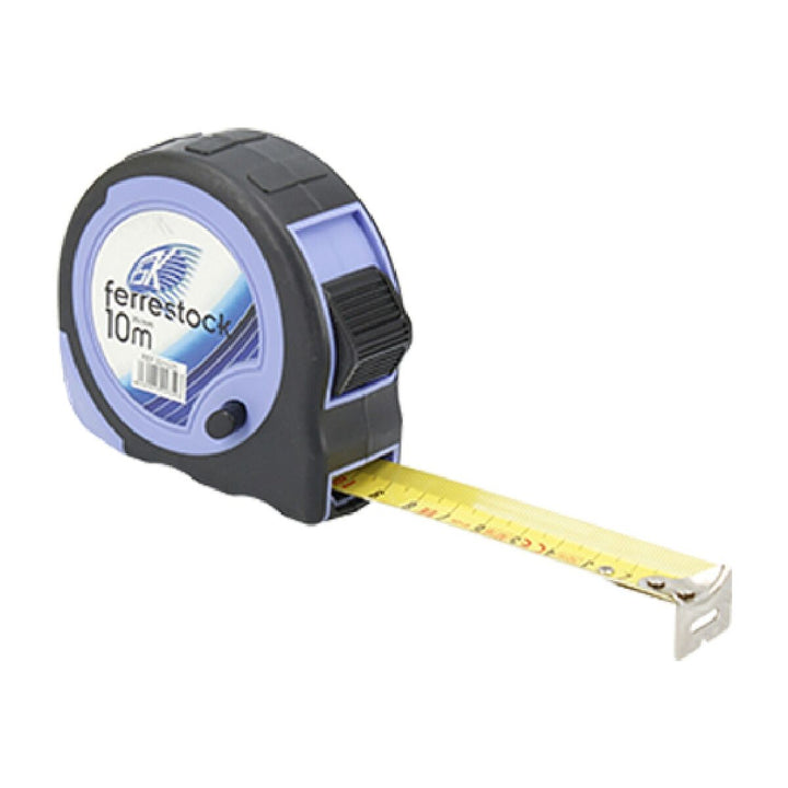Ferrestock Flexometer 10m, schwarzes und blaues Gehäuse, gelbes Maßband.