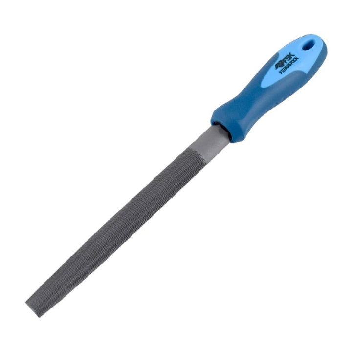 Blaue Ferrestock Halbrunde Feile, 100 mm. Ideal für präzise Feilarbeiten.