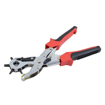 Silberne Ferrestock Lochzange mit rot-schwarzen Griffen zum Stanzen von Löchern.