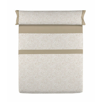 Beige Bettwäsche-Set mit Paisley-Muster und Streifen für Doppelbett.