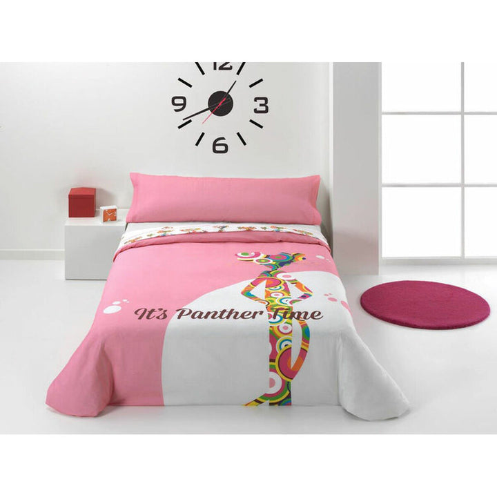 Bettbezug-Set mit Pink Panther Motiv. Bunte Einzelmatratze mit auffälligem Design.