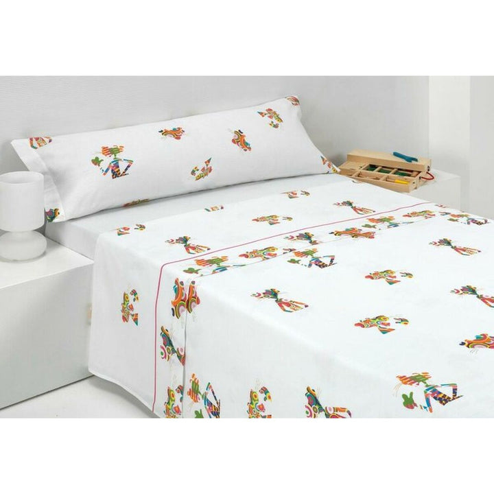 Weißes Bettwäsche-Set mit buntem Pink Panther-Motiv für Einzelmatratze.