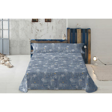 Blaues Lois TEJANO Bettwäsche-Set im Denim-Look mit Sternen und '70' Design.