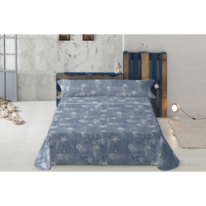 Blaues Lois TEJANO Bettwäsche-Set im Denim-Look mit Sternen und '70' Design.