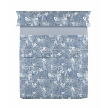 King Size Bettwäsche-Set im Denim-Look mit Sternen und Logos.
