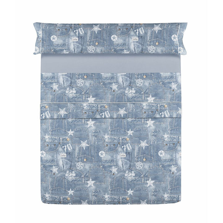 King Size Bettwäsche-Set im Denim-Look mit Sternen und Logos.