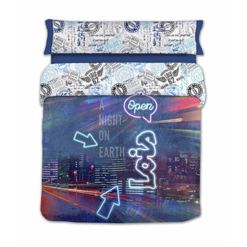 Bettdeckenbezug Lois NIGHT P. Blau mit Neon-Design und Logos Muster. Doppelmatratze.