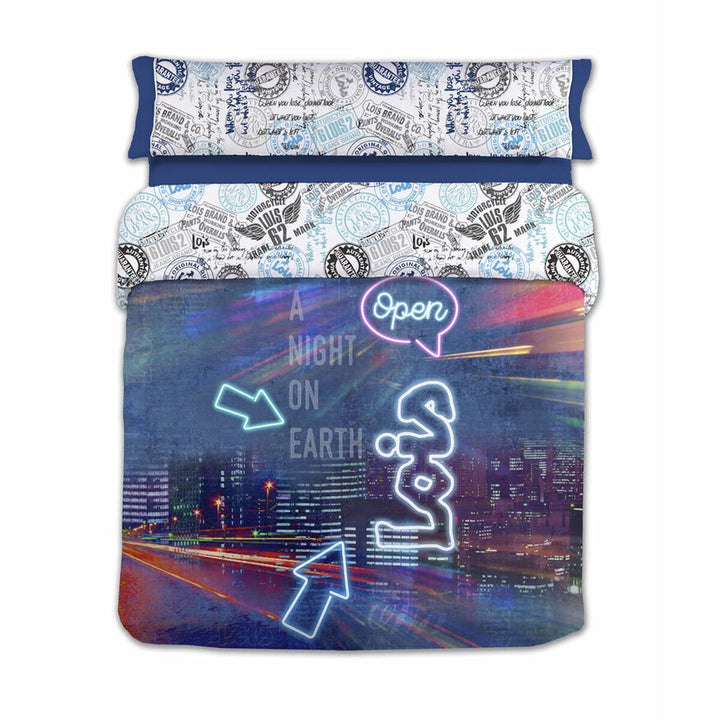 Bettdeckenbezug Lois NIGHT P. Blau mit Neon-Design und Logos Muster. Doppelmatratze.