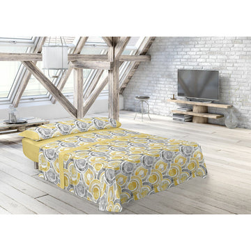 Gelbes Doppelbettwäsche-Set mit modernem Kreis Muster für Schlafzimmer Ambiente.