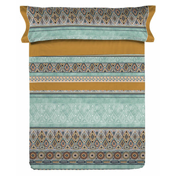 Buntes King Size Bettwäsche-Set mit geometrischen Mustern und Streifen.