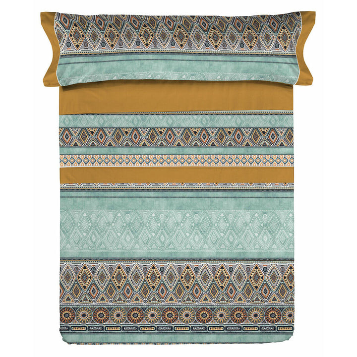 Buntes King Size Bettwäsche-Set mit geometrischen Mustern und Streifen.